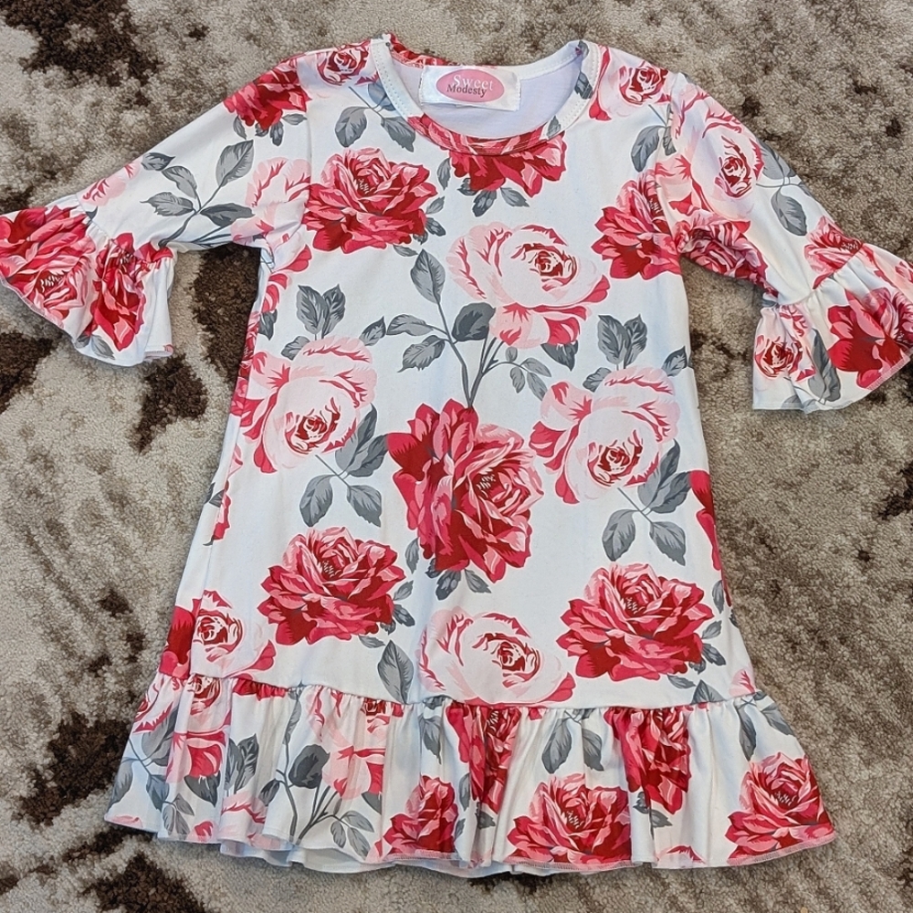 Ruffle Red and Pink Rose Ruffled Dress